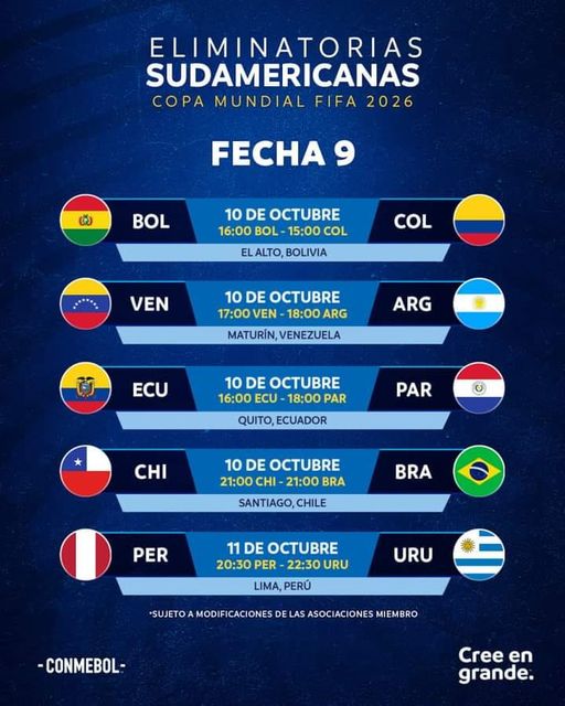 FIXTURE DE LA FECHA 9 DE LAS ELIMINATORIAS