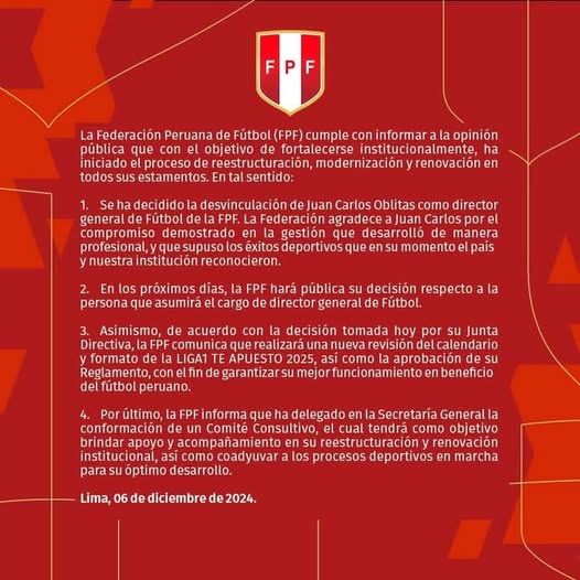 COMUNICADO OFICIAL DE LA FPF A LA OPINION PUBLICA
